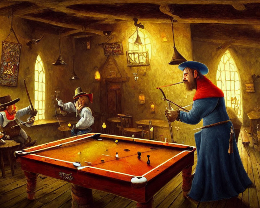 Whimsical medieval tavern scene with anthropomorphic animals playing billiards.