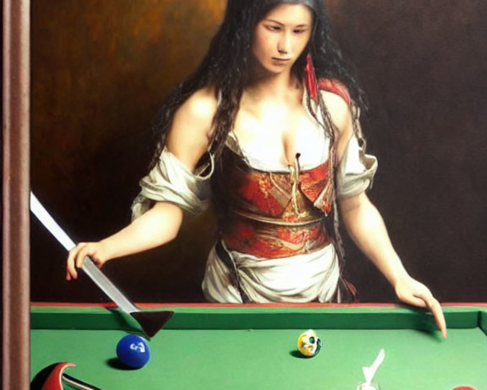 Realistic painting of woman in corseted dress playing billiards