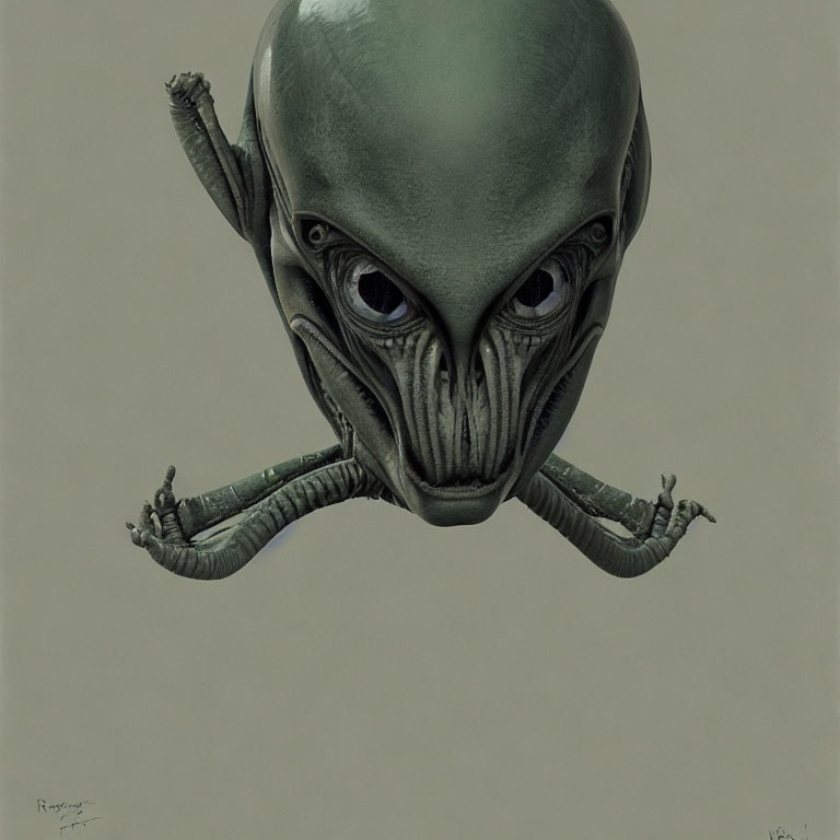 Alien creature drawing with oversized eyes and bald head