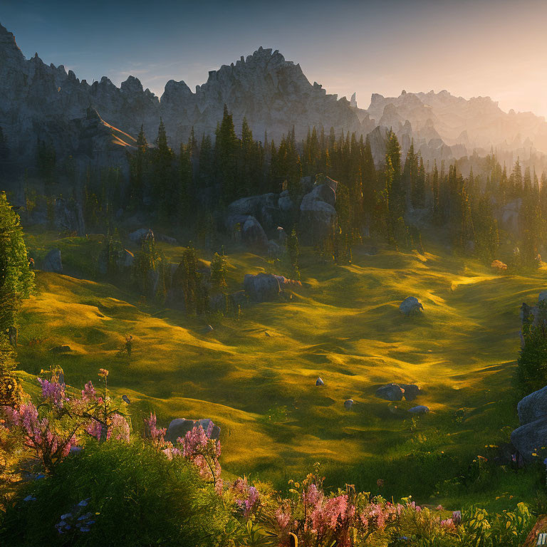 Tranquil Meadow with Wildflowers, Boulders, Forest, and Mountains