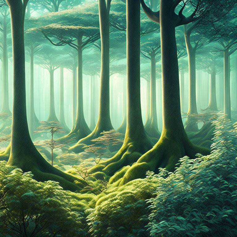 Ethereal green forest with unique trees and soft shadows