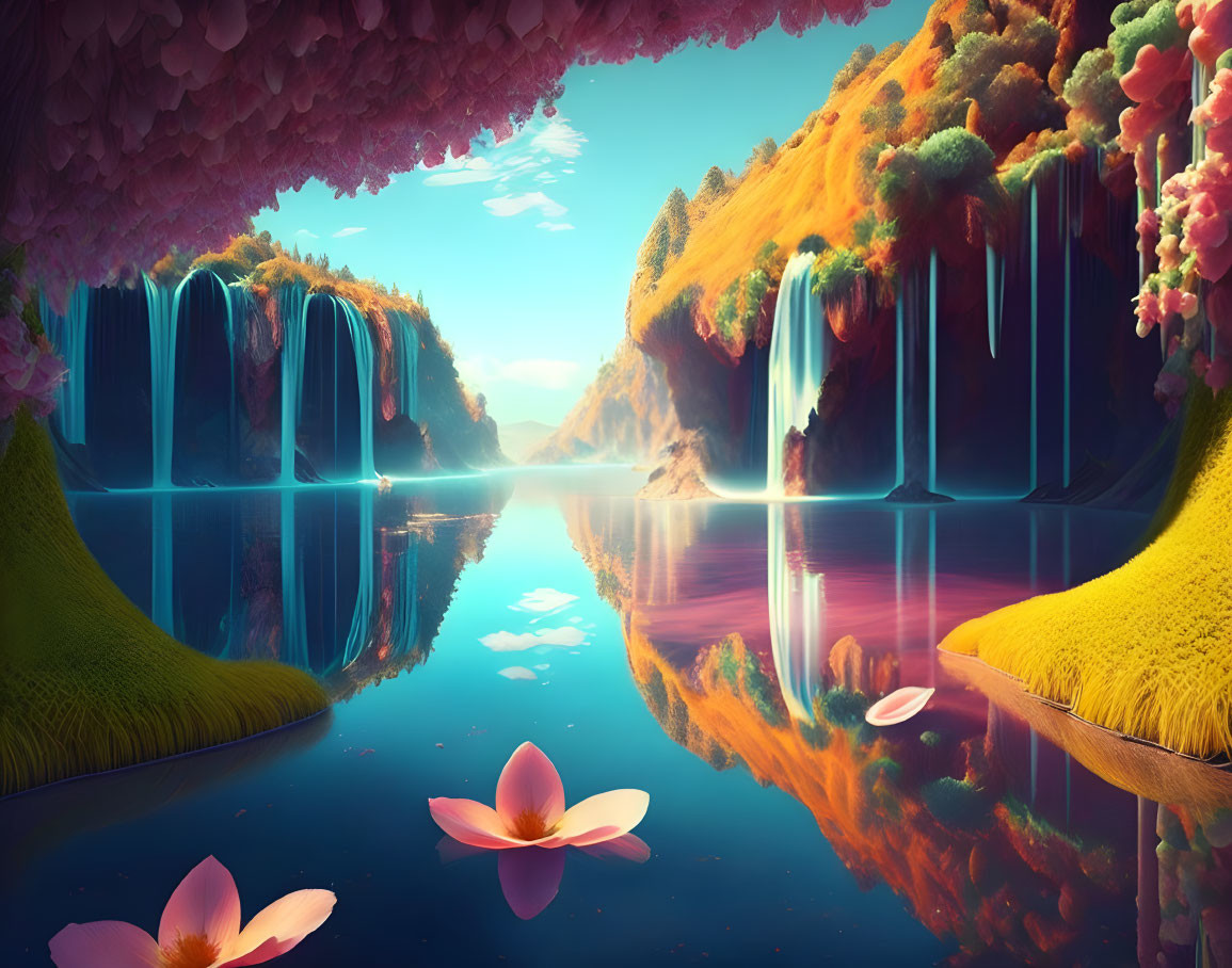 Tranquil river with vibrant cliffs, waterfalls, and lotus flowers