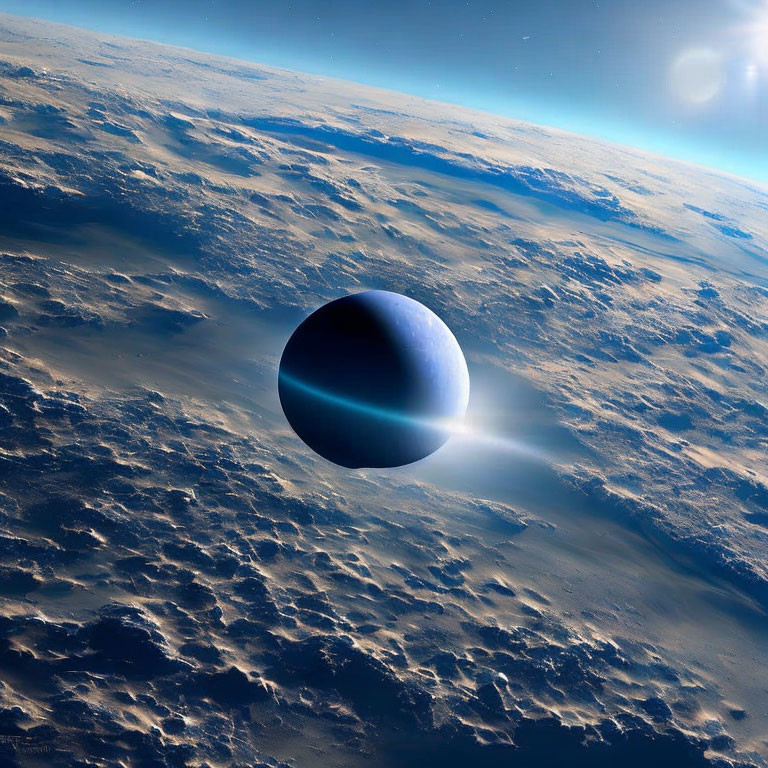 Dark Sphere Hovers Over Cloudy Earth with Sunlit Horizon
