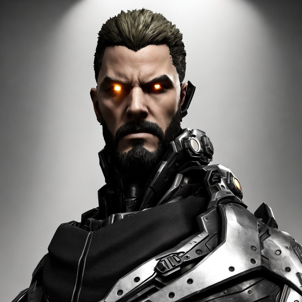 Male Figure with Beard and Glowing Red Eyes in Futuristic Armor