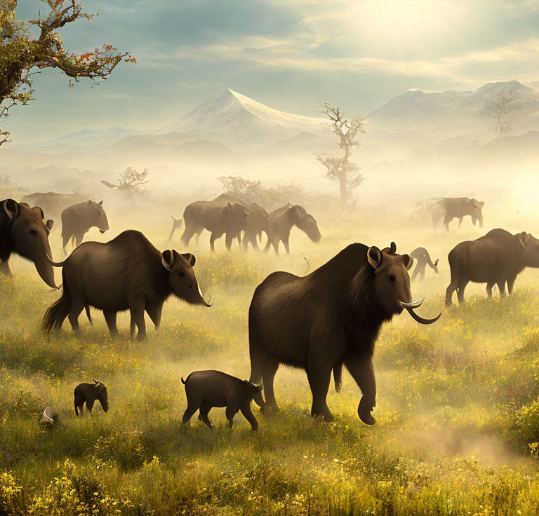 Prehistoric woolly mammoths migrating in misty meadow at sunrise