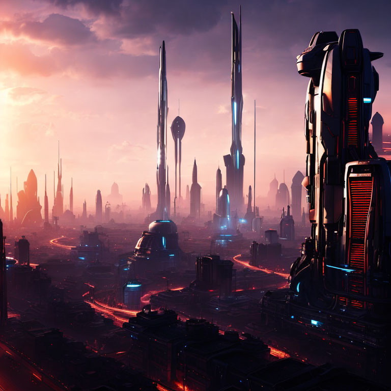 Futuristic cityscape with towering skyscrapers and glowing neon lights