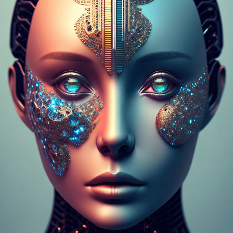 Close-Up of Female Robot with Gold and Blue Circuitry Patterns