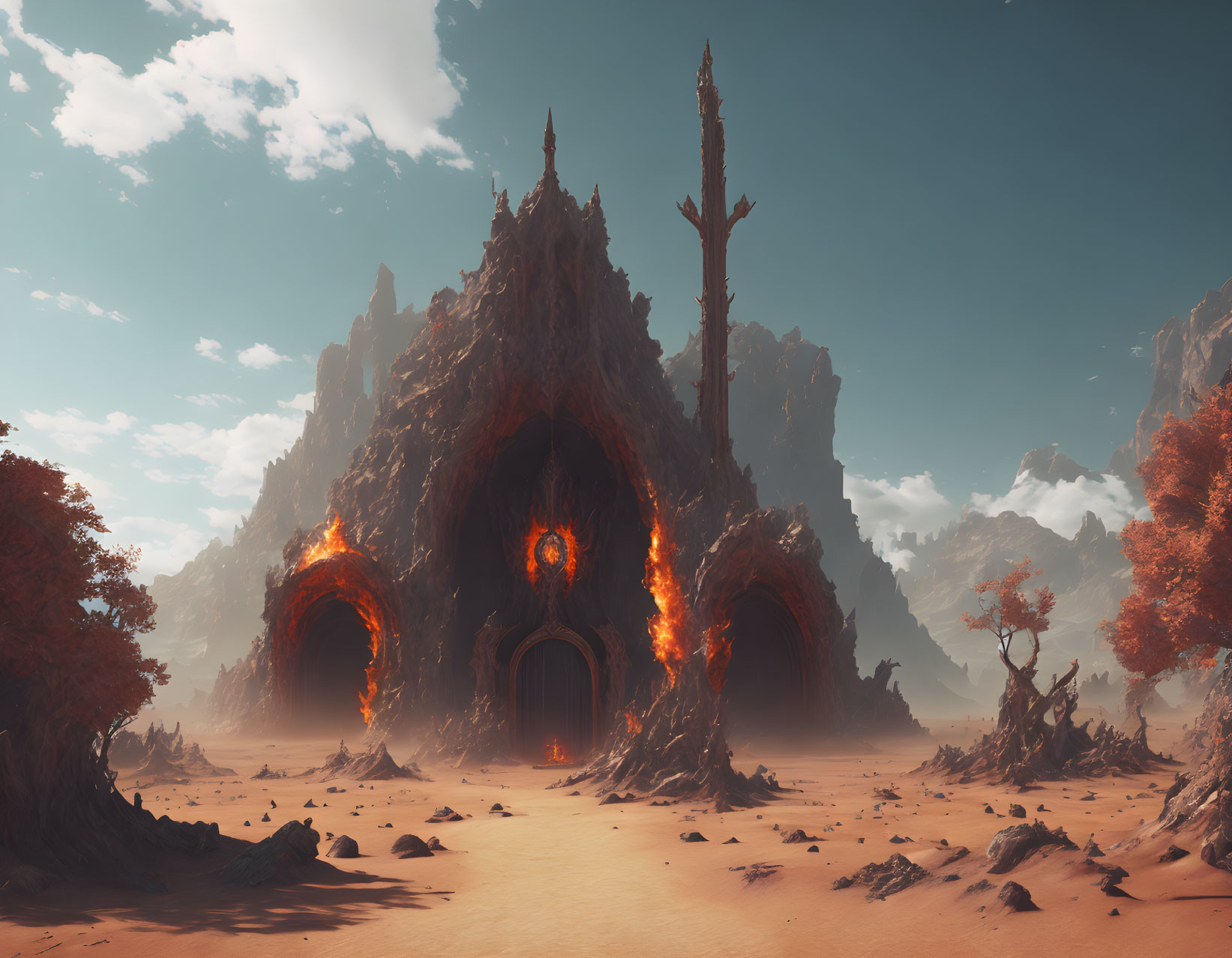 Fantastical landscape with glowing portals and rocky structure