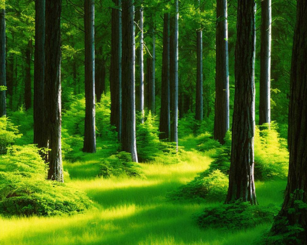 Lush forest scene with tall trees, shadows, green grass, and sunlight.