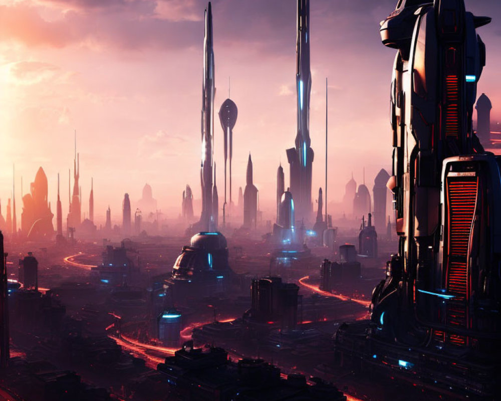 Futuristic cityscape with towering skyscrapers and glowing neon lights