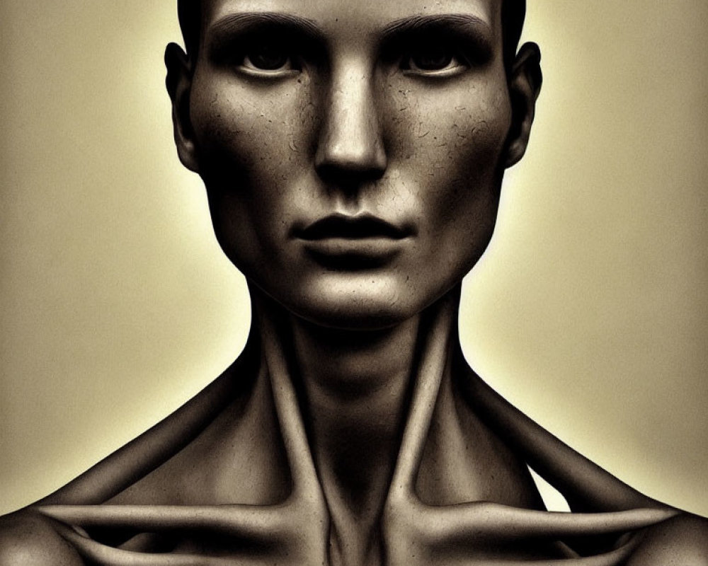 Symmetrical face with prominent cheekbones in sepia tones