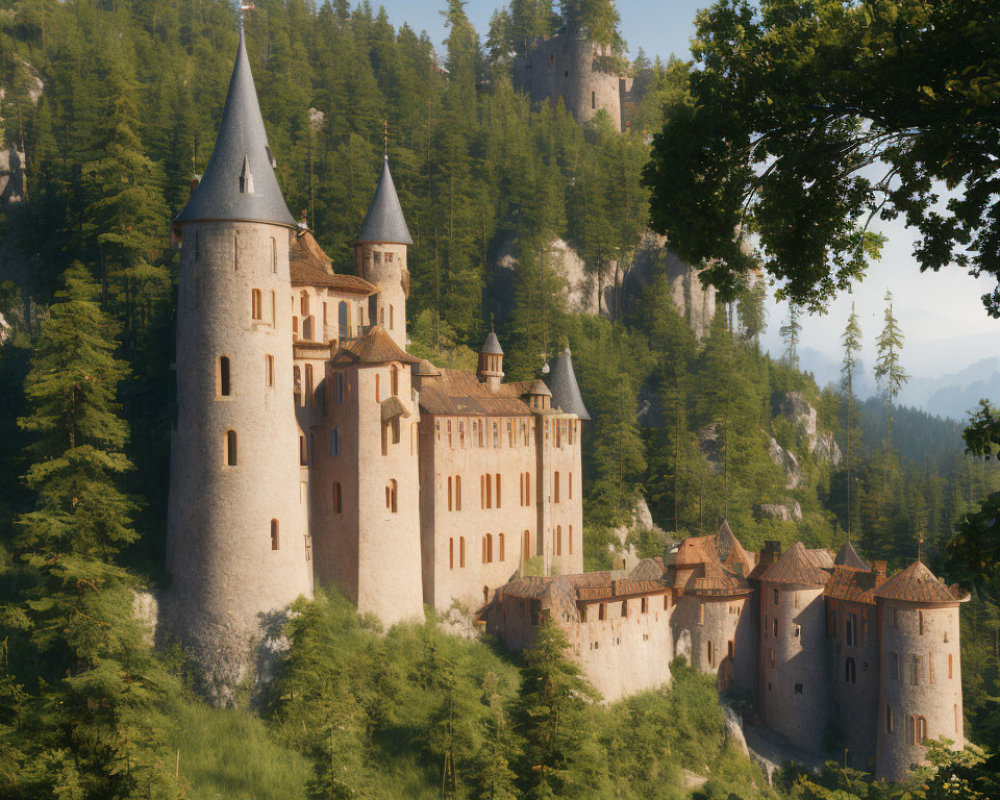 Medieval castle on forested hill with towers and clear sky.