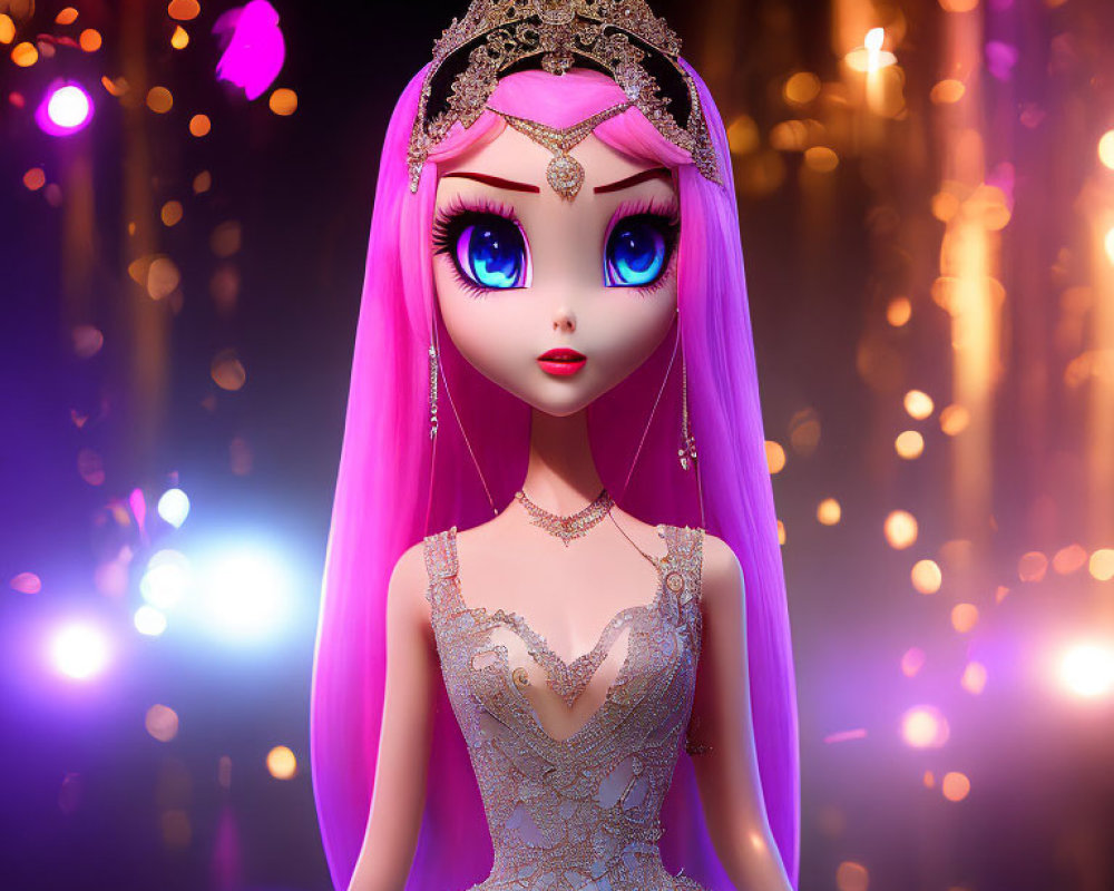 Animated Princess with Pink Hair in Blue Gown on Bokeh Background