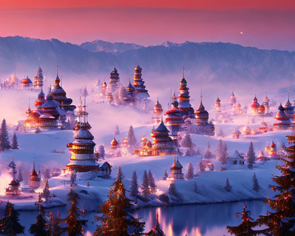 Snowy Dusk Scene: Onion-Domed Buildings by River, Mountains, Pink Sky