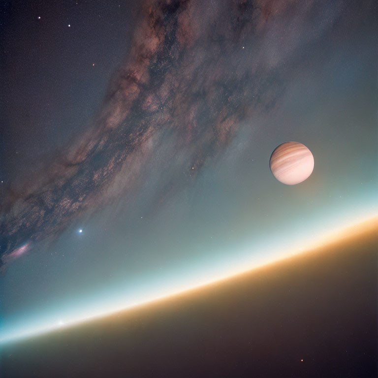 Serene space scene with Jupiter against starry backdrop and Earth's atmospheric glow.