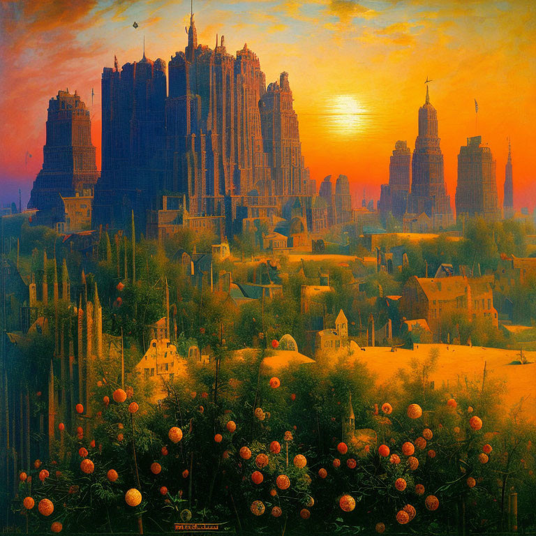 Colorful surreal cityscape painting with gothic and art deco buildings under a glowing sunset.