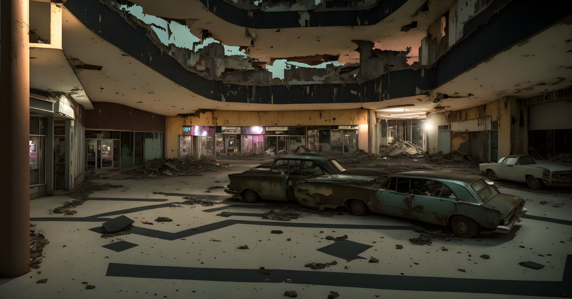 Deteriorated abandoned shopping mall interior with somber atmosphere