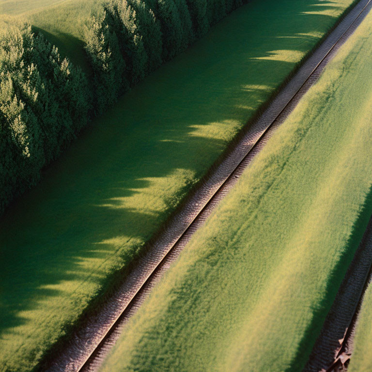 Scenic railroad tracks in lush green landscape at dusk
