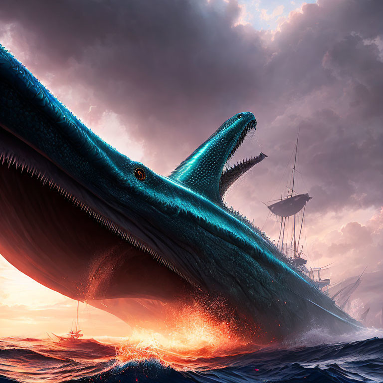 Gigantic blue whale with sharp teeth near sailing ship under dramatic sunset