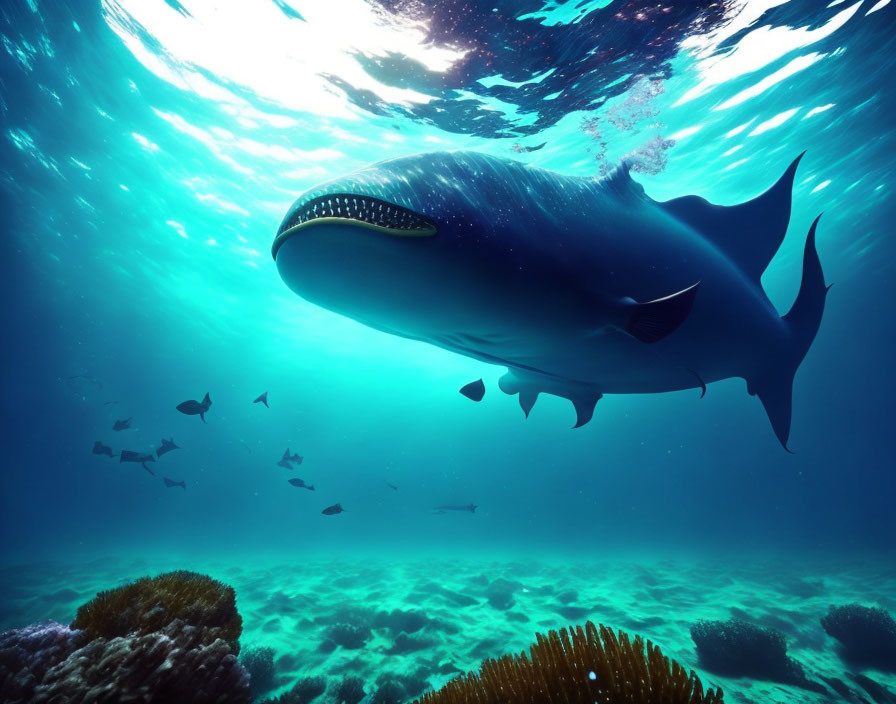 Giant Whale Shark Swimming in Sunlit Blue Waters