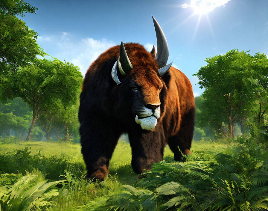 Majestic bison-like creature in lush forest with sunlight filtering.