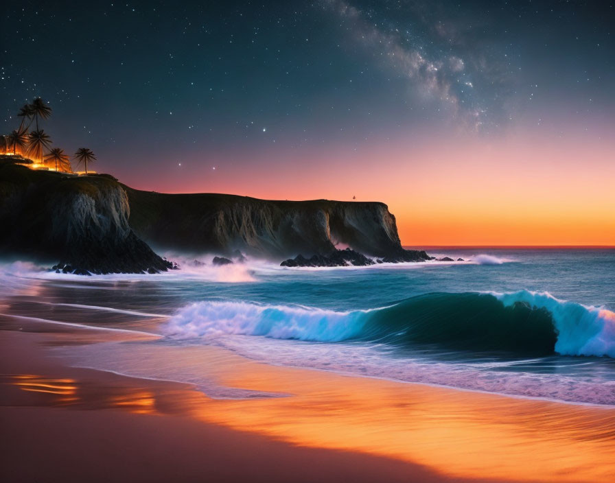 Twilight beach scene with lapping waves, starlit sky, cliffs, and palm trees