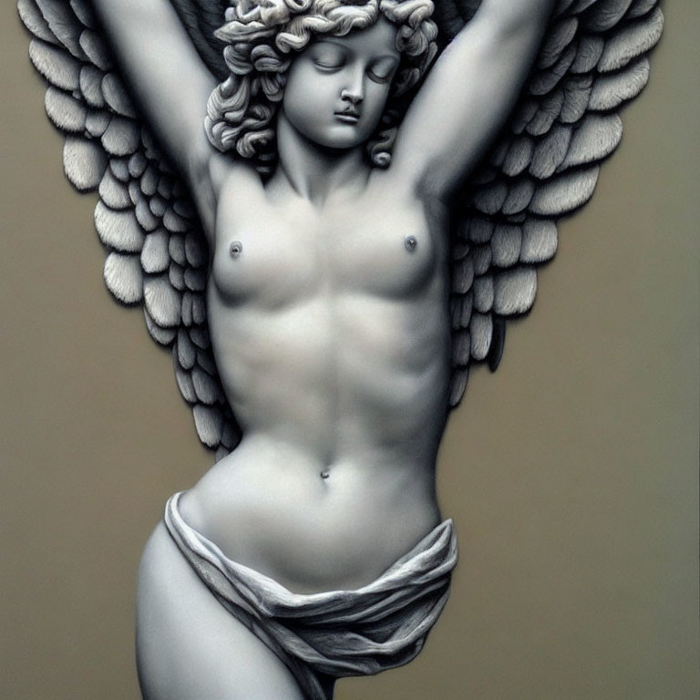 Detailed Angel Sculpture with Spread Wings and Serene Expression