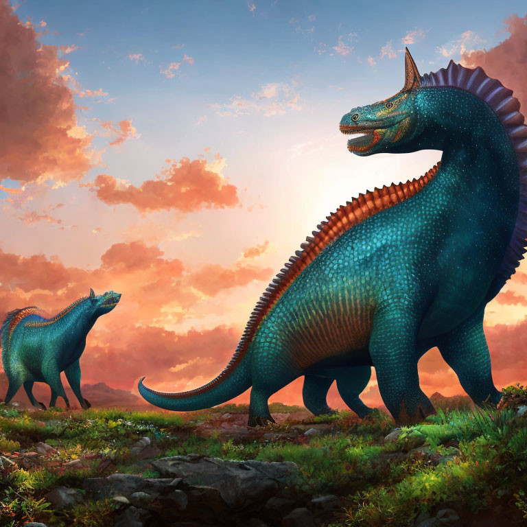 Vibrant blue dinosaurs with orange spines in lush landscape at sunset