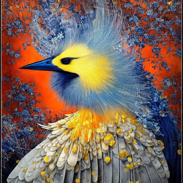 Colorful painting of ornate bird with yellow-blue head and fiery orange backdrop