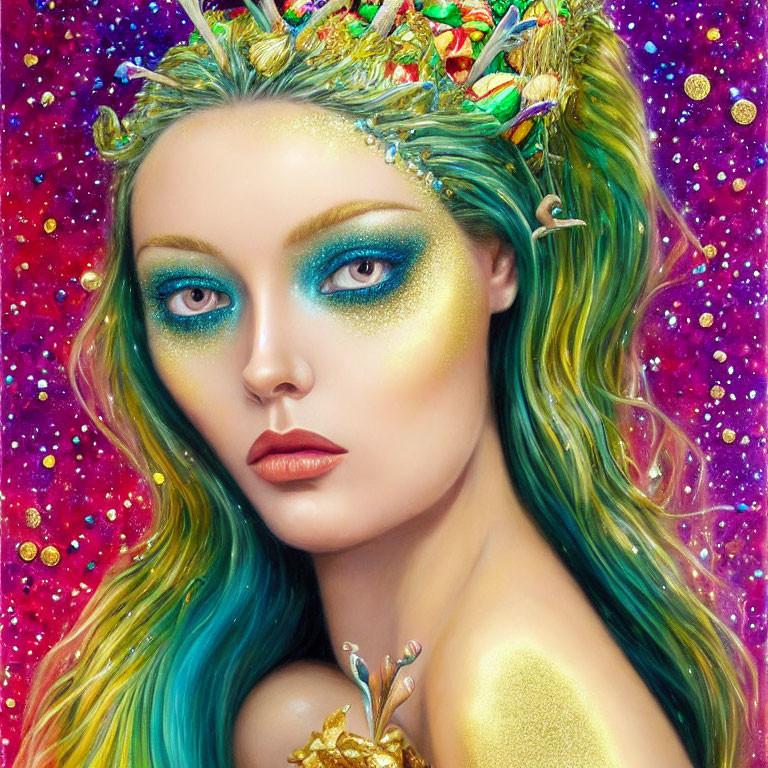 Colorful portrait of woman with golden skin and sea green hair against cosmic backdrop