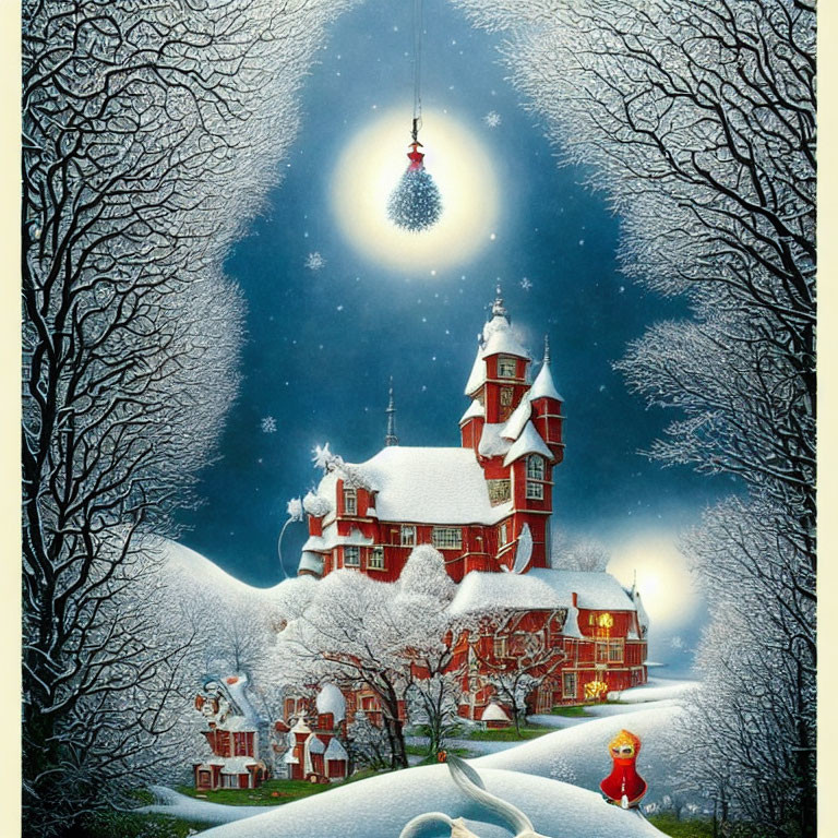 Winter scene with red-roofed house, snowman, and full moon