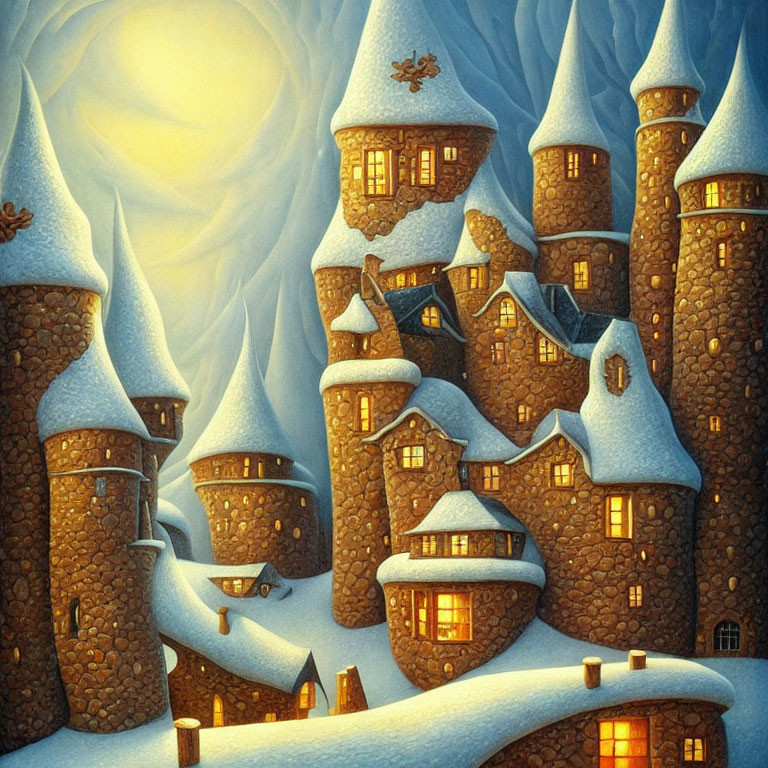 Snow-covered stone castle with turrets and warm glowing windows