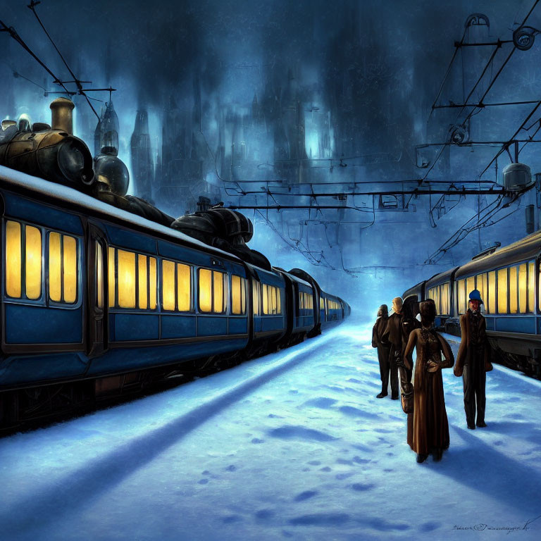 Vintage Clothing Group on Snow-Covered Train Platform at Night