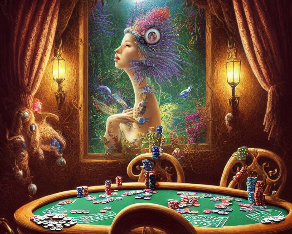 Luxurious poker room with fantasy painting of woman and peacock feathers