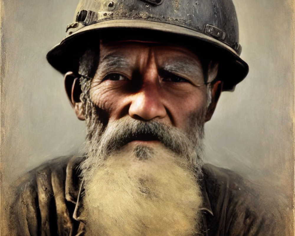 Elderly Bearded Soldier Portrait with Worn Helmet
