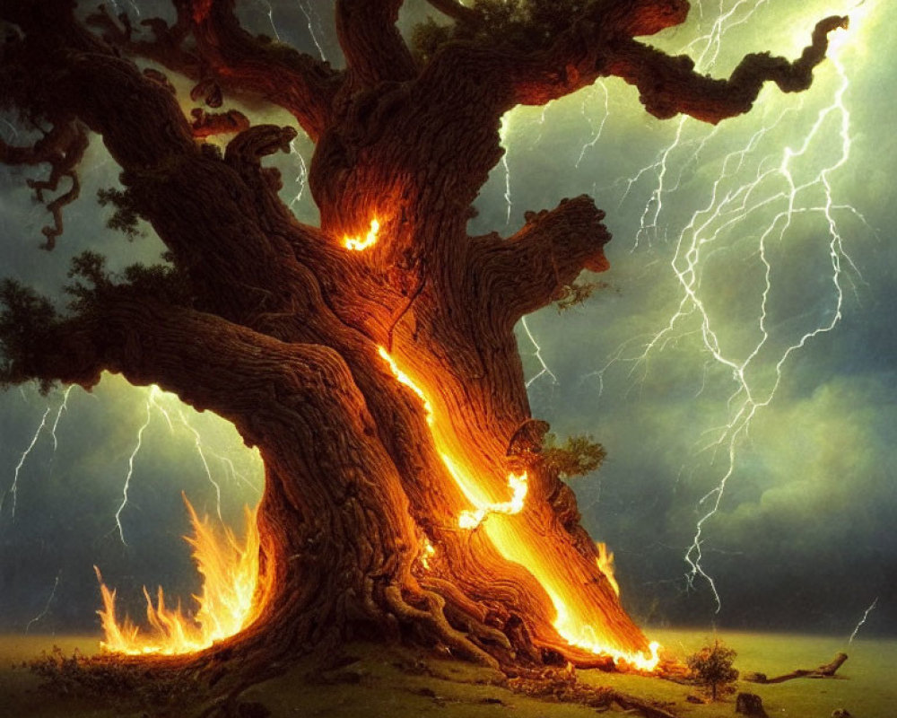 Ancient tree struck by lightning in stormy scene