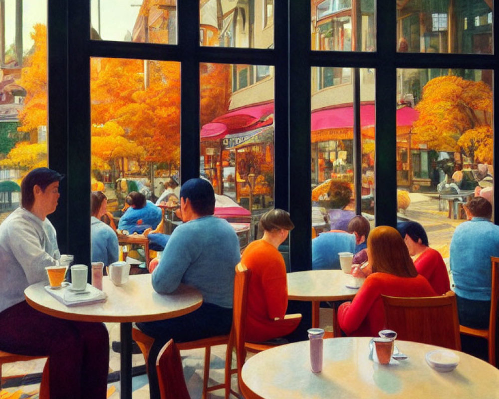 Vibrant Autumn Café Interior with Patrons and Street View