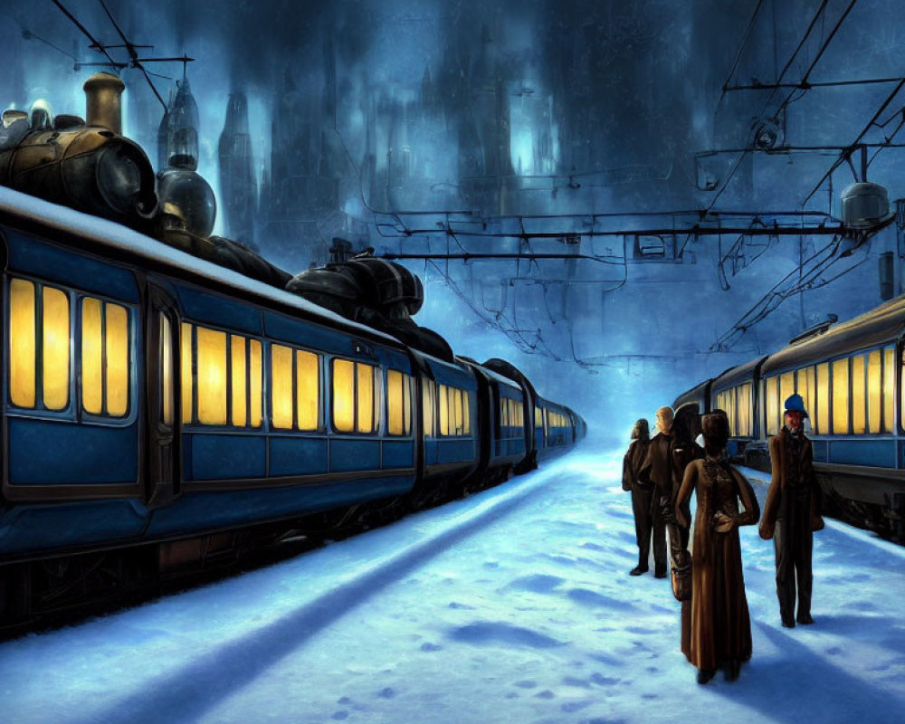 Vintage Clothing Group on Snow-Covered Train Platform at Night