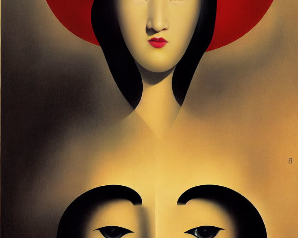 Stylized painting of woman with red hat and dual face illusion