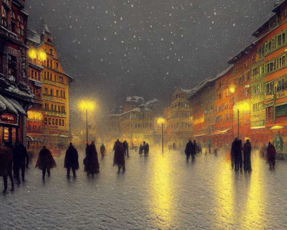 Snow-covered night street scene with people and warm lights