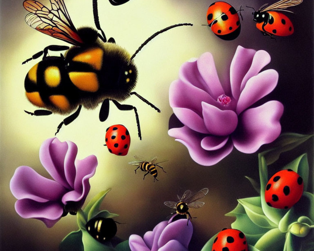 Colorful bumblebee, ladybugs, wasp, and flowers in detailed image