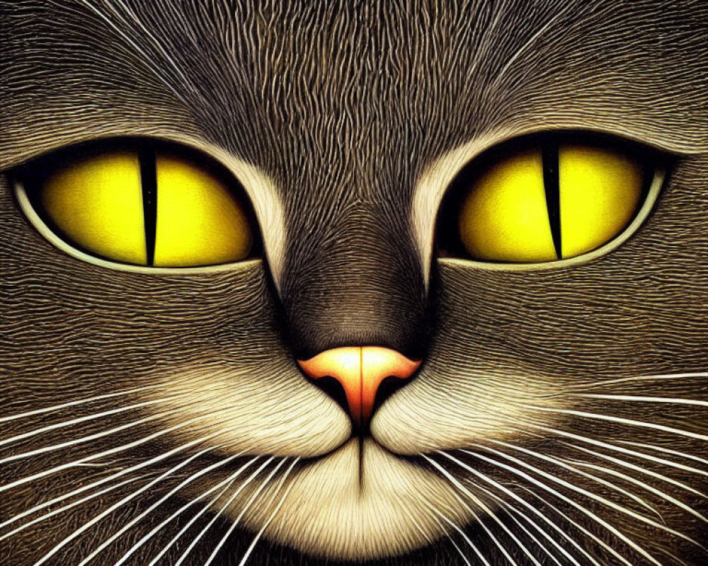 Detailed Close-Up of Grey Cat with Yellow Eyes and Pink Nose