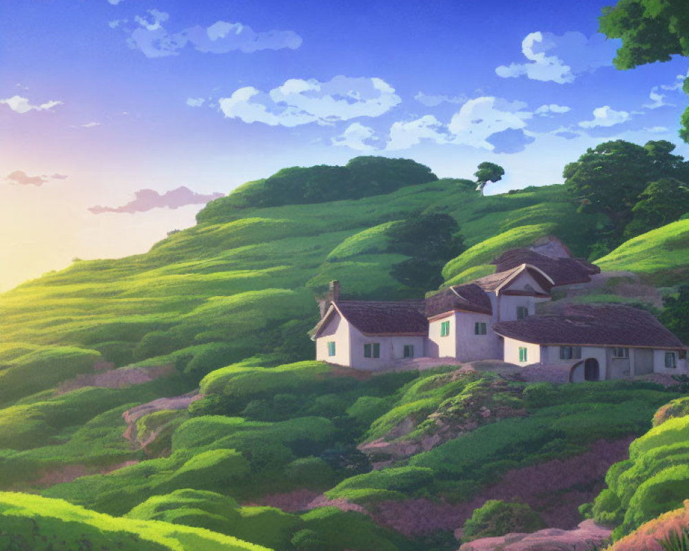 Picturesque cottages nestled in lush green hillside under soft glowing sky