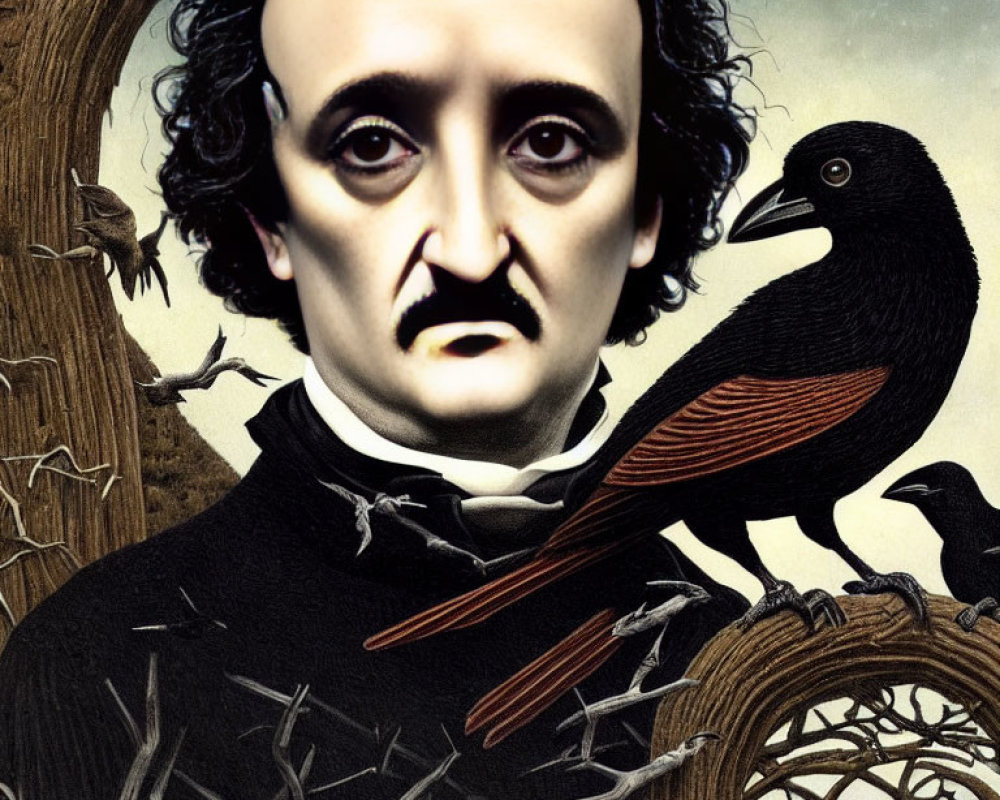 Man's face merges with dark raven on branch in surreal portrait against gothic background