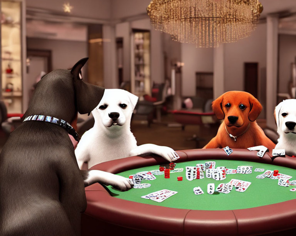 Three dogs playing poker at a casino table with cards and chips.
