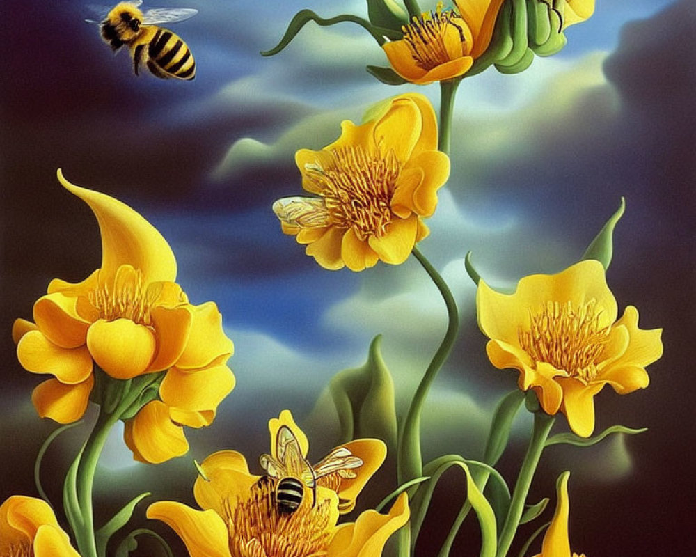 Bright yellow flowers with bees pollinating under blue skies and white clouds