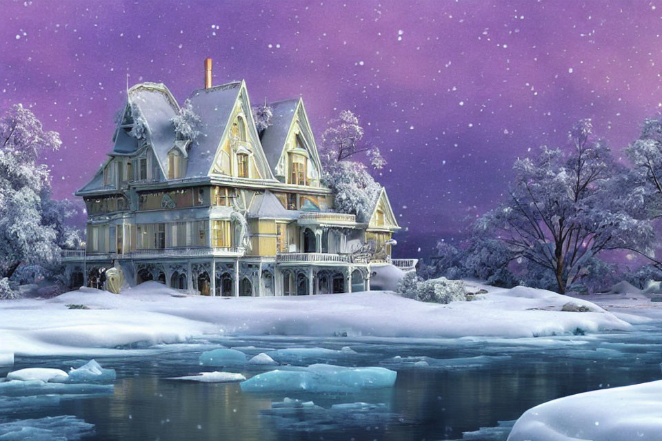 Victorian-style house by frozen river in starry winter night.
