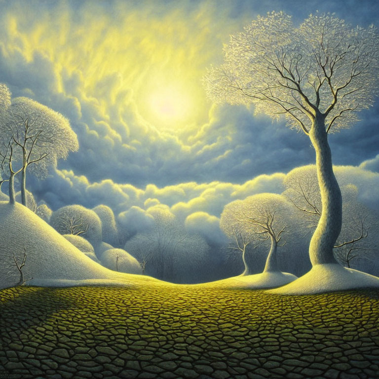 Barren trees and snow-covered hills under yellow sky landscape