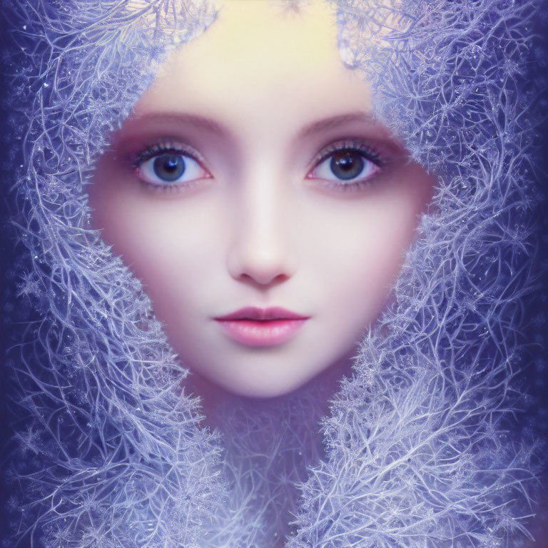 Fantasy character with ice-blue eyes and frost detailing, winter theme