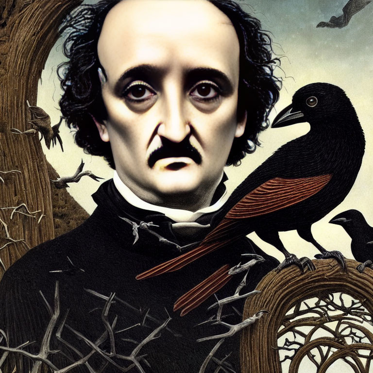 Man's face merges with dark raven on branch in surreal portrait against gothic background